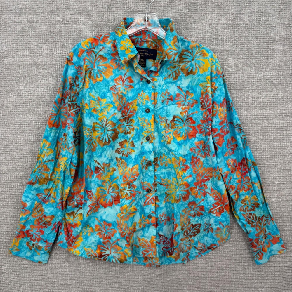 Pete Huntington Bali Button Up Shirt Women 2XL Blue Batik Floral Cotton Orange